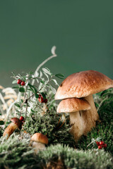 Fresh porcini mushroom in green moss. Autumn harvest concept. Boletus edulis, cep mushrooms. Copy...