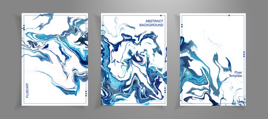 Set of flyer cards template with fluid abstract background. Fluid blue marble texture set. Cards for print and web design. Blue water waves on white background with frames.