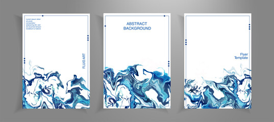 Set of flyer cards template with fluid abstract background. Fluid blue marble texture set. Cards for print and web design. Blue water waves on white background with frames.