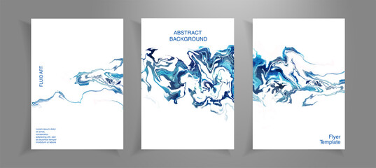 Set of flyer cards template with fluid abstract background. Fluid blue marble texture set. Cards for print and web design. Blue water waves on white background with frames.