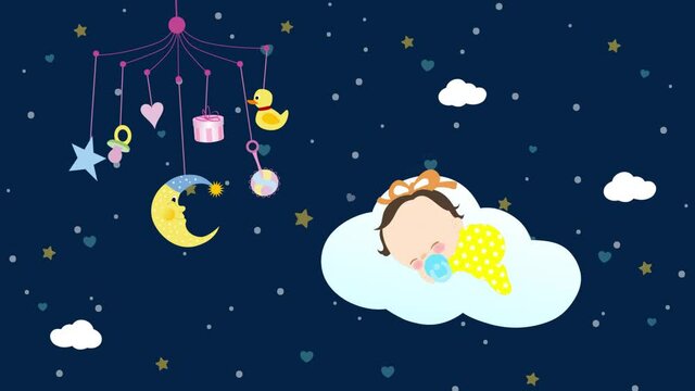 crib toy baby lullaby loop animation footage,starry night sky,baby sleeping on a cloud