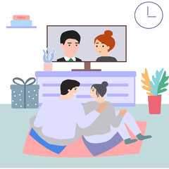 The couple together at home in the evening watching TV, vector graphics