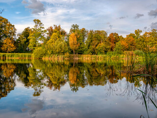 Colorful autumn trees on the banks lake.