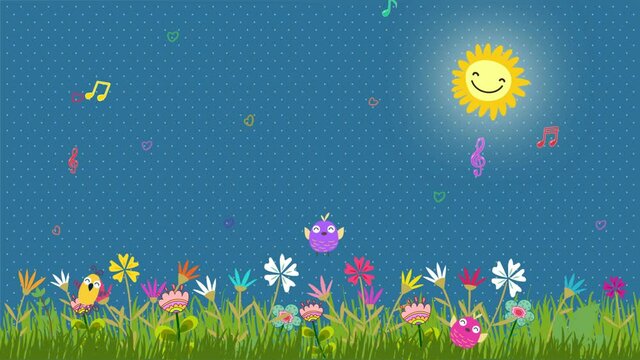 beautiful birds flying with a floral and music notes background animation