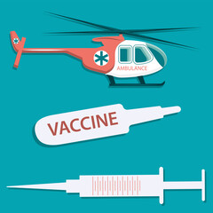 Helicopter Ambulance, vaccine ampoule, syringe, - vector. Protection against viral infection. Medical vaccination.