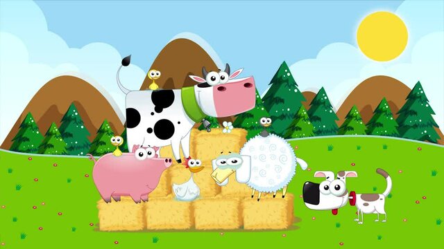 farm animals on haystacks summer loop animation footage
