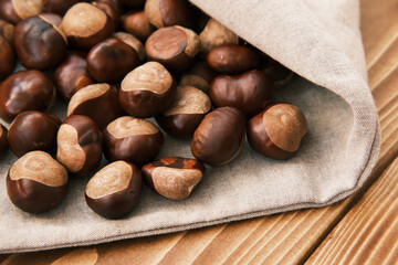 Close up shot of chestnut in the linen bag on a wooden table 