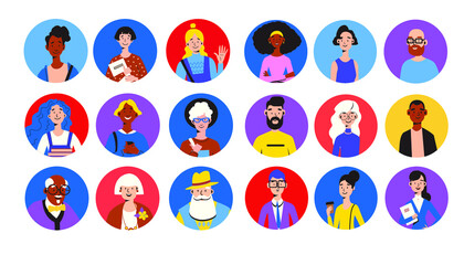 Big collection of avatars of young and elderly men and women. Bright people portraits set. Flat color trends vector illustration. 