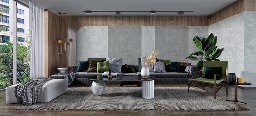 Modern interior style with grey sofa, pillows in earth colors, concrete and wood wall, 3d rendering