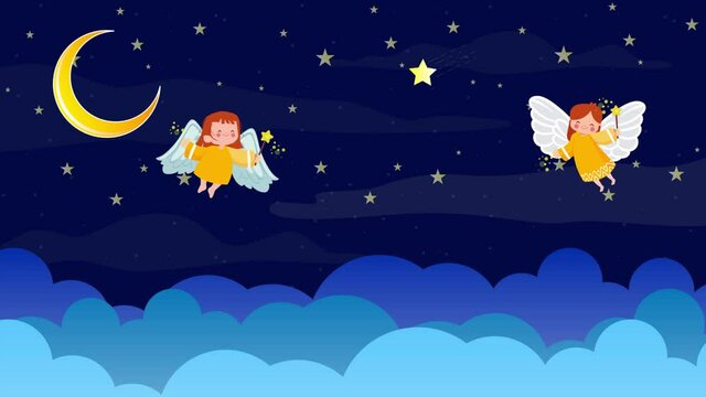 flying baby angels loop animation footage,night sky with moon and stars and clouds,starry wallpaper