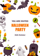 Colorful cute Halloween vertical design for kid’s party invitation. Space for text. Vector illustration