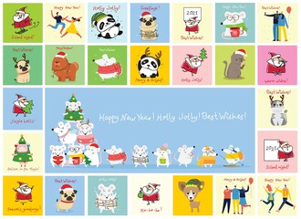 Fototapeta na wymiar Vector illustration of christmas cats, pigs, rats and dogs with Christmas and new year greetings.