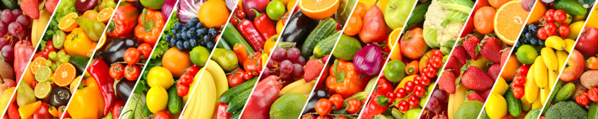 Collage fresh bright vegetables and fruits