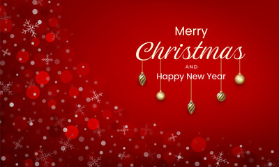 Merry Christmas and New Year design with gold ornaments, red colors and snow effects