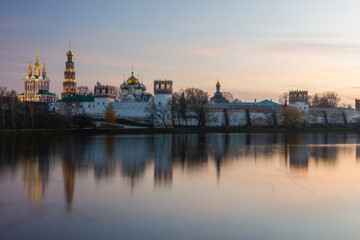 Fototapeta na wymiar Novodevichy convent in Moscow at twilight in evening