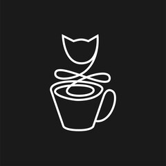 Cup in a simple linear style with cat outline on a black background. Cat cafe logo