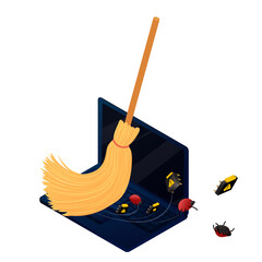 Computer debugging concept. Broom cleaning laptop from bugs and viruses. Isometric vector illustration data protection, information security.