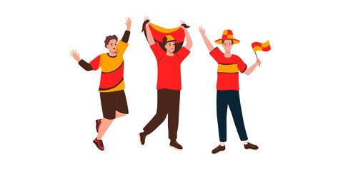 Happy fans are cheering and supports for their team. Vector illustration in cartoon style