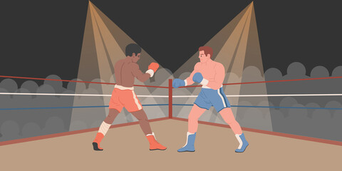 Boxers are fighting in boxing ring vector background. Black and white men fight