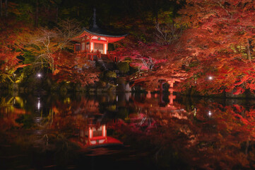 Colorful autumn night, illumination of Daigo-ji temple in Kyoto, Japan