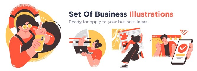 Fototapeta premium Business Concept illustrations. Collection of scenes with men and women taking part in business activities. Trendy vector style.