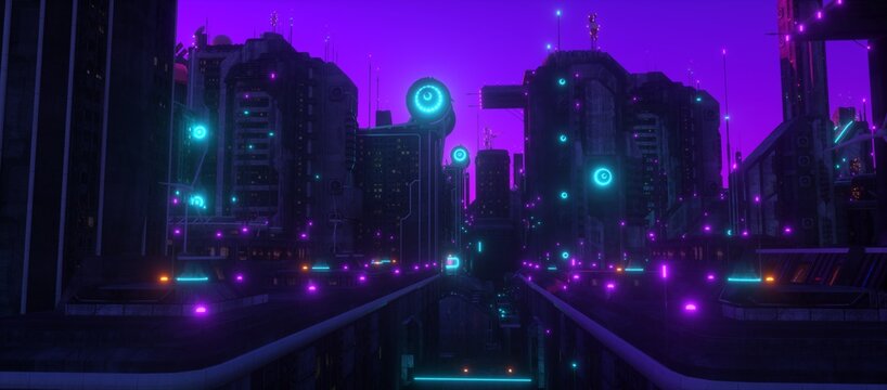 Purple neon night in a industrial zone of a cyberpunk city. Futuristic cityscape. City of a future with bright neon lights. Grunge urban wallpaper. 3D illustration. © Valeriy