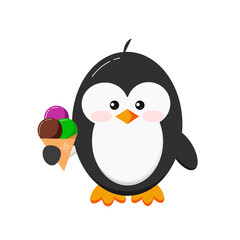 Cute penguin with ice cream clip art. Cartoon winter baby boy penguin with ice cream cone isolated on white background. Flat design vector funny bird character illustration.