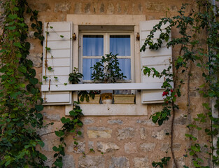 Fototapeta na wymiar White window with wooden shutters in the wall of an old stone house. Pots with green plants on the windowsill. Ivy on the wall