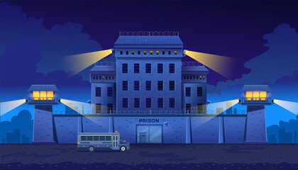 Guarded city prison building at night with two watchtowers on a high brick fence with barbed wire, bus for transporting prisoners. The prison has steel gates and surveillance cameras. Vector  - obrazy, fototapety, plakaty