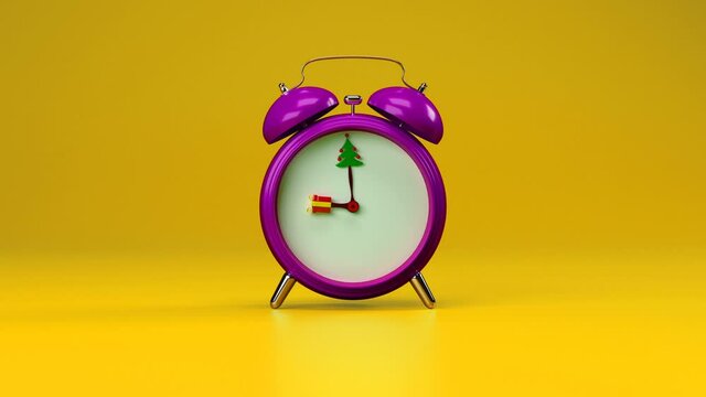 Conceptual alarm clock on the topic of Christmas. Countdown to gifts and green trees.
Gifts are falling on the back. Sale, promotions, bargains, price reductions.