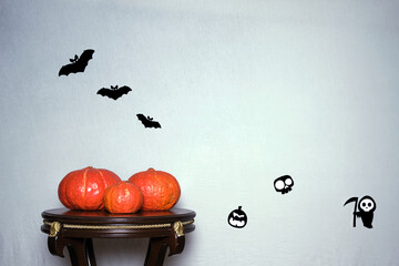 Colored pumpkins on wooden stool in front of a white backdrop