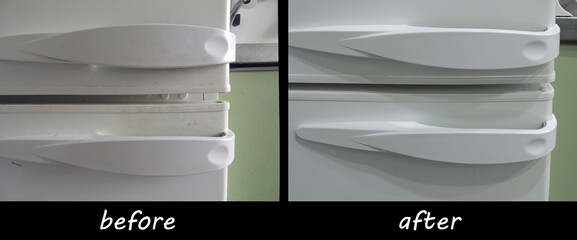 Comparison of handles from the refrigerator before and after cleaning. The result of using a chemical household cleaning agent.