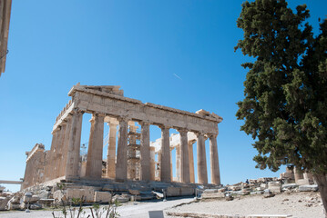 The Acropolis of Athens, Greece, August 2020: Tourist season on the Acropolis during the...