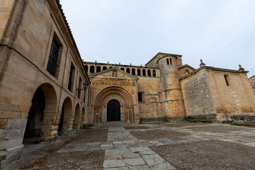 Fototapeta na wymiar Angular horizontal view of the 12th century Collegiate Church, in Santillana del Mar, Spain, October 1, 2020