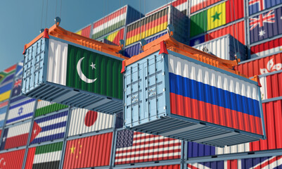 Freight containers with Russia and Pakistan national flags. 3D Rendering
