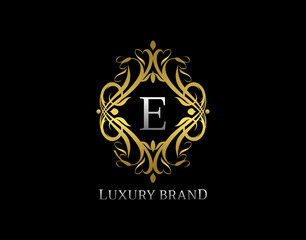 Luxury Gold Monogram E Letter Logo. Classic Golden badge design for Royalty, Letter Stamp, Boutique,  Hotel, Heraldic, Jewelry, Wedding.