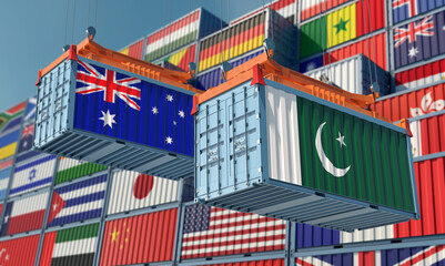 Freight containers with Australia and Pakistan national flags. 3D Rendering