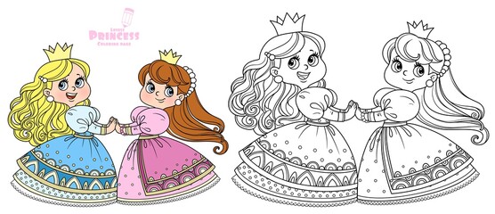 Two cute princesses dancing holding hands outlined and color for coloring book