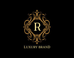 Luxury Monogram R Letter Logo. Classic Brown badge design for Royalty, Letter Stamp, Boutique,  Hotel, Heraldic, Jewelry, Wedding.