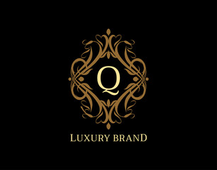 Luxury Monogram Q Letter Logo. Classic Brown badge design for Royalty, Letter Stamp, Boutique,  Hotel, Heraldic, Jewelry, Wedding.