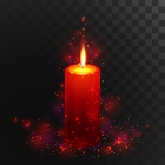 Burning red candle with lighting on dark transparent background. Christmas decorations, xmas decorative elements. Vector illustration.