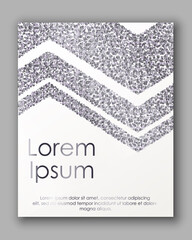 Poster with silver confetti, sparkles, glitter and space for text on white background. Vector illustration. Elements for banner, design, logo, card, web, invitation, business, party.