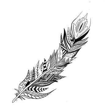 Zentangle style feather design. Ornament. Mandala. Geometric. White background