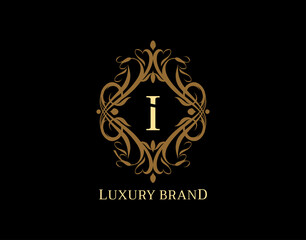 Luxury Monogram I Letter Logo. Classic Brown badge design for Royalty, Letter Stamp, Boutique,  Hotel, Heraldic, Jewelry, Wedding.