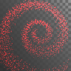 Glowing trail of red lights. Glittering swirl trail. Spiral stream of sparkling particles. Decoration shine element applicable for poster, flyer, brochure, cover, cards design. Vector illustration.