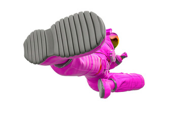 astronaut is doing a fly kick in karate pose