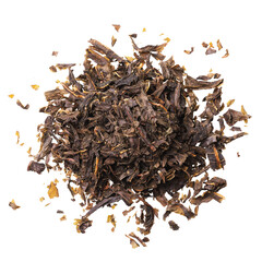 Heap of fermented dry leaves of willow-tea isolated on white background, top view. Photo stacking