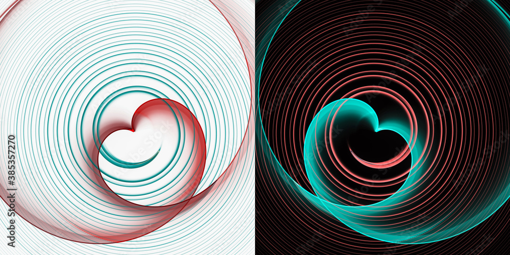 Poster red and turquoise heart over spirals on white and black backgrounds. two abstract fractal background