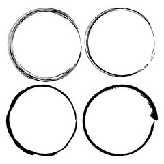 ink handrawn round frames, grunge black circles of brush strokes on white background, vectoe set