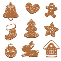 Christmas gingerbread set: bell, heart, man, sock, tree, star, new year's ball, bunny, house. Isolated on white background. Vector illustration. Collection of holiday symbols, icons. 